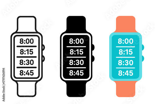 Three watches with the time 8:15 on them. The watches are black and white. The watches are set to the same time