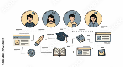 Engaging Hand Draw graphic outlining the comprehensive educational journey, from learning to knowledge acquisition and academic success