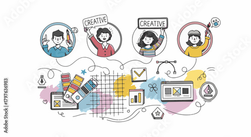 Expressive Hand Draw doodle art illustrating a team of diverse graphic designers collaborating on creative projects
