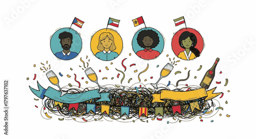 Vibrant hand draw illustration celebrating global diversity and friendship, depicting a festive community party with joyous social connection