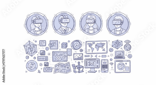 Hand Draw virtual reality and metaverse users navigate future digital world technology and transformation