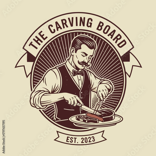 Vintage illustration of a dapper man carving a steak on a plate.