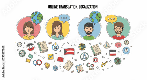 Hand Draw vector illustration featuring diverse language professionals delivering online translation and localization services globally