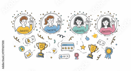 Hand Draw illustration depicting successful team members celebrating achievements with trophies, stars, and positive feedback elements