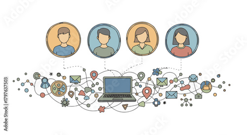 Hand Draw illustration showcasing digital connectivity and online collaboration, linking diverse users and data through a central network