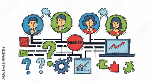 Hand Draw illustration depicting diverse business professionals collaborating on problem-solving with data analysis