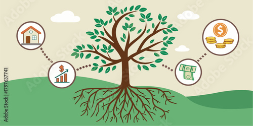 Cultivating financial growth and prosperity with a strong foundation, watching investments flourish like a healthy tree for lasting wealth and security