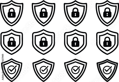 Security shield icons with lock and checkmark, digital protection symbols.
