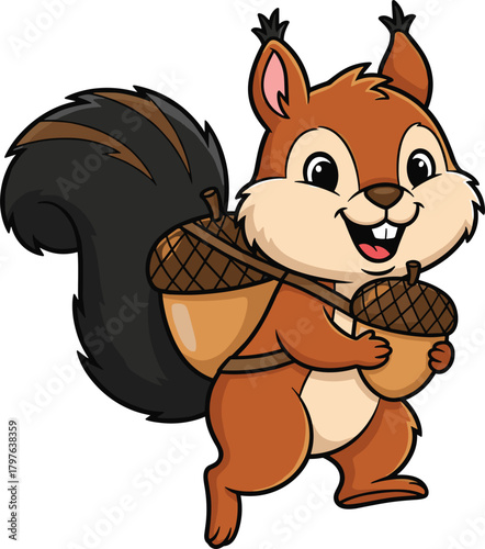 Cartoon squirrel holding acorns, cute forest animal, cheerful rodent character, bushy tail, kids illustration, woodland creature, smiling squirrel design