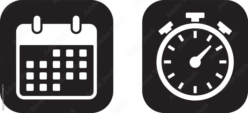 Fototapeta premium Calendar and stopwatch icons simple flat vector design elements for time management isolated on bla