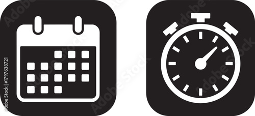Calendar and stopwatch icons simple flat vector design elements for time management isolated on bla