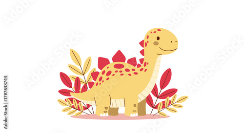 A cute cartoon yellow Stegosaurus dinosaur with red plates and spots, happily standing among autumn-colored leaves on a white background.