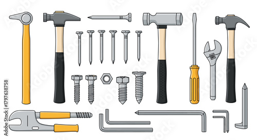 A flat lay of common hand tools and fasteners, including hammers, screwdrivers, wrenches, pliers, nails, screws, and nuts, for home improvement.