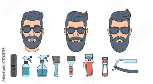 Trendy male grooming concept featuring stylish men with beards and sunglasses, accompanied by a selection of professional barber tools.
