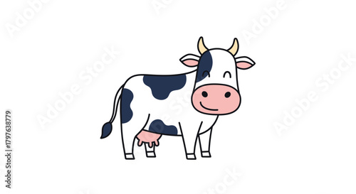 A cheerful and friendly cartoon cow illustration, featuring a white body with distinctive black spots, a pink muzzle, and small horns.