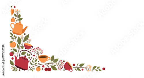 Autumnal corner border design with teapots, cups, and botanical elements like leaves, berries, and fruits, creating a warm, cozy beverage theme.