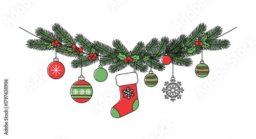 Festive Christmas garland illustration, adorned with evergreen branches, red berries, a bow, and classic holiday ornaments, stocking, and snowflake.