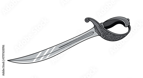 Stylized pirate cutlass with a curved silver blade and an intricate, textured hilt design, isolated on white.