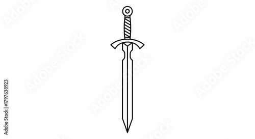 A simple line art drawing of a classic medieval-style sword with a crossguard and pommel, standing upright on a white background.