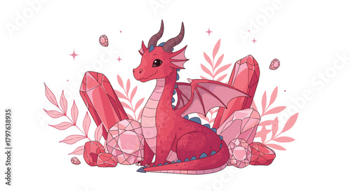 A charming red cartoon dragon with horns and wings sits among sparkling pink and red crystals, surrounded by delicate foliage and stars.