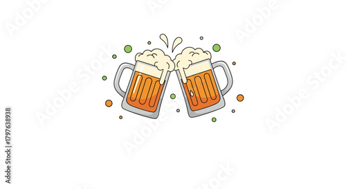 A vibrant vector illustration of two beer mugs clinking together in a celebratory toast, complete with overflowing foam and cheerful colorful accents.