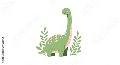 A happy cartoon green long-necked dinosaur with pink accents and white spots stands smiling amidst green foliage, perfect for children's designs.
