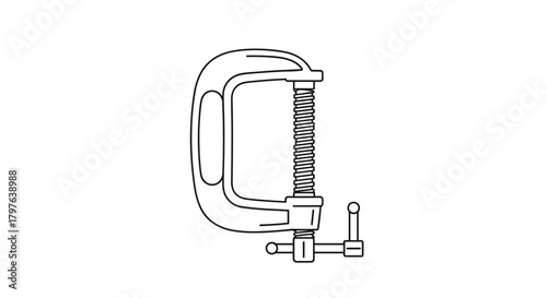 Minimalist line art illustration of a C-clamp, an essential hand tool used for gripping and securing materials in various crafts and trades.