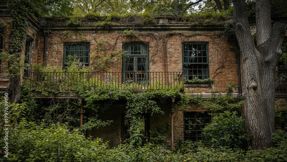 Fototapeta premium Neglected balcony of a derelict mansion, erosion risk