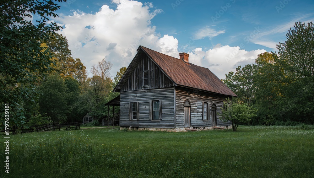 Fototapeta premium Historic farmhouse surrounded by nature, highlighting preservation