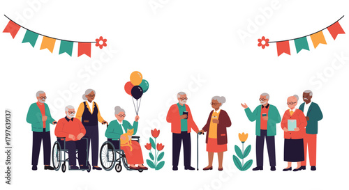 A diverse group of cheerful senior adults, some using wheelchairs, gathering for a festive social event with friends and activities.