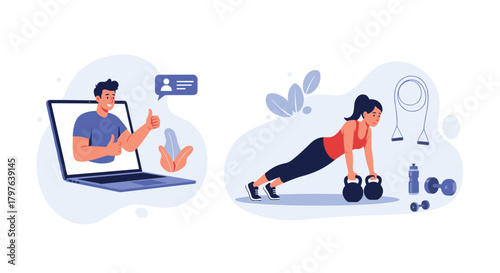 Virtual fitness coach providing positive feedback and encouragement to a woman engaged in an active workout session at home.