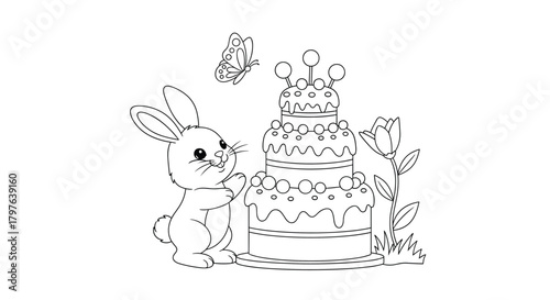 A cute bunny looks at a decorative tiered cake with a butterfly and a tulip flower, drawn in black and white outline for a children's coloring page.