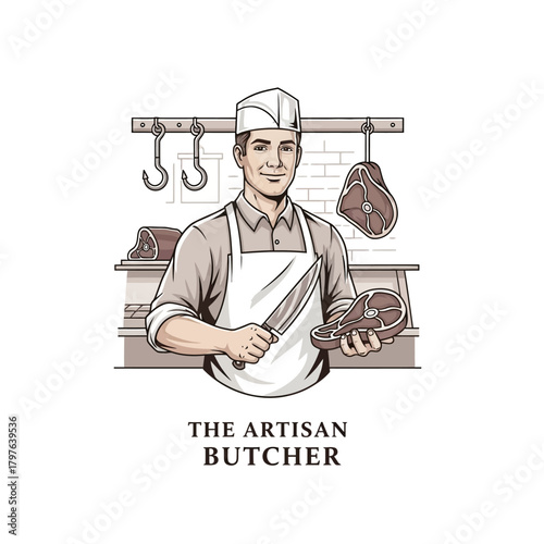 Vintage illustration of a smiling artisan butcher holding a knife and steak.