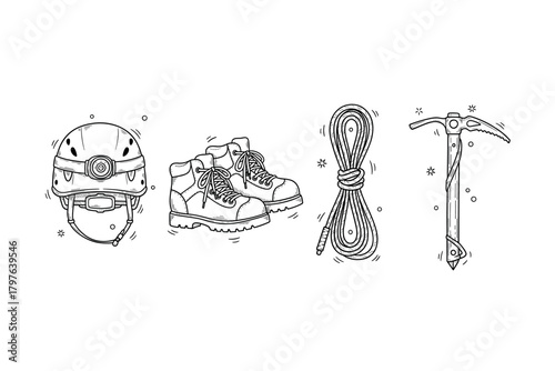 Climbing gear essentials: helmet, boots, rope, ice axe in black and white illustration
