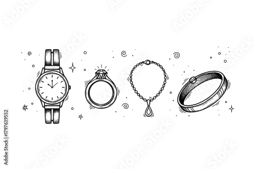 Elegant jewelry collection: watch, engagement ring, necklace, and bracelet in black and white