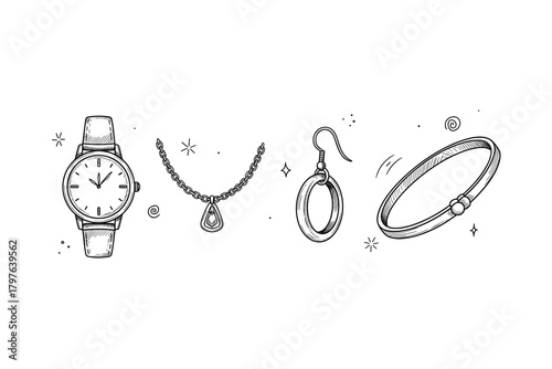 Hand-drawn jewelry collection: watch, necklace, earrings, and bracelet sketch