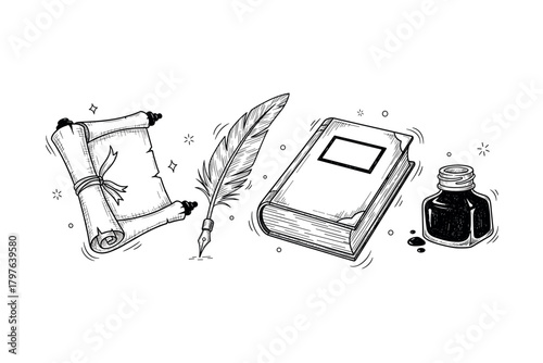 Vintage writing tools: scroll, quill, book, and ink drawing