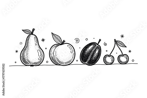 Hand-drawn fruit collection: pear, apple, plum, cherries in black and white doodle style