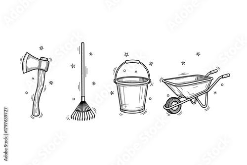 Monochrome illustrations of outdoor tools: axe, rake, bucket, wheelbarrow