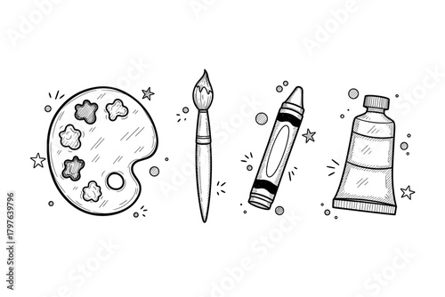 Art supplies: paint palette, brush, crayon, and tube in black and white illustration