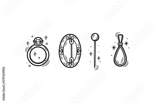 Hand-drawn jewelry icons: ring, brooch, pin, teardrop earring illustrations