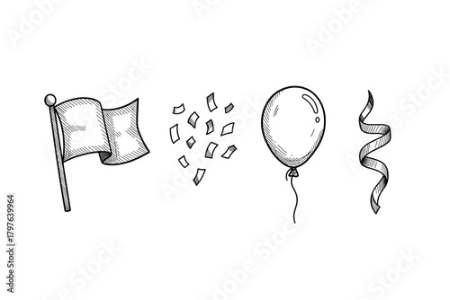 Hand-drawn party elements: flag, confetti, balloon, and streamer in black and white