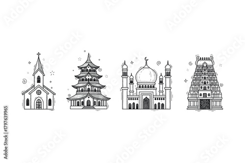 Church, pagoda, mosque, and temple: hand-drawn religious structures