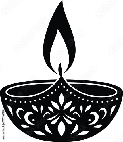 Elegant Diya Oil Lamp Vector Art, Stylized Black and White Silhouette Illustration of a Traditional Earthen Deep for Hindu Festival of Lights, Diwali, and Religious Cultural Occasions