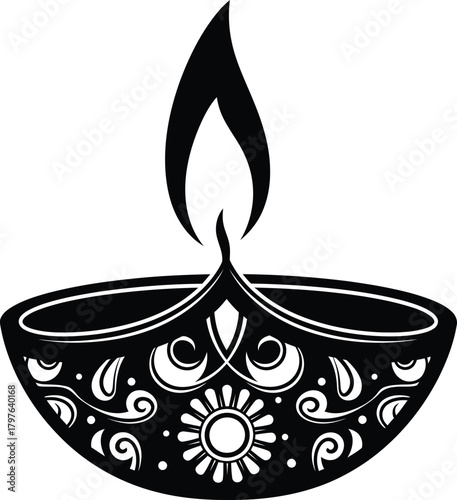Traditional Indian Diya Lamp Vector Art, Intricate Black and White Silhouette Design of a Decorative Earthen Oil Lamp for Diwali, Festival of Lights, and Hindu Religious Ceremonies.