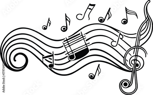 Musical notes and staff design with treble clef and swirl