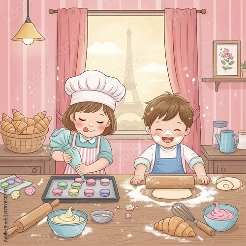 Vector illustration of cute French children baking croissants and macarons in a cozy Parisian bakery.
