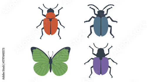 Set of insect icons flat vector illustration of beetle and butterfly isolated on white background