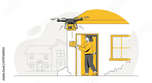 Innovative drone delivery service delivering packages to residential address illustration