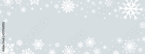 Magical background with snow flakes. Wintertime frozen shapes. Snowflakes border. White snowflakes flying in the air. Snow nature landscape.